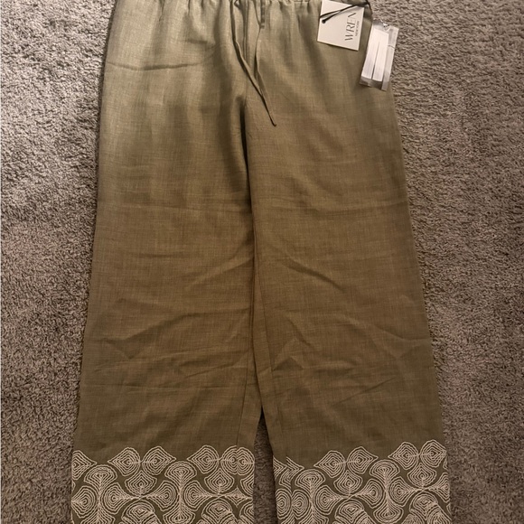 Wren Pants - WREN Olive Green Wide-Leg Pants with Embroidered Hem